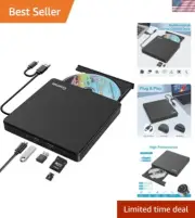 External CD DVD Drive USB C USB 3.0 Portable Burner with SD TF Slots for PC