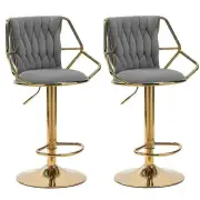 2x Height Velvet Padded Golden Round Base Barstools Chairs with Backrest and Footrest -GREY