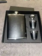 Stainless Steel Leather Wrapped Flask with Shot Cups & Funnel In Gift Box