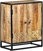 Hand Carved Solid Mango Wood Sideboard Cabinet, Natural Finish, 60x35x75 cm Storage Buffet for Hallway