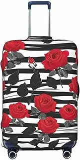 [CADREWY] Black White Stripes Red Rose Flowers Print Travel Suitcase Cover Luggage Protector with Elastic Anti Scratch for Carry On, Black, Medium