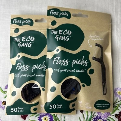 2 PACKS Of The Eco Gang Floss Picks 50PC Ea, Mint & Charcoal - NEW!
