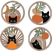 Cat Wall Art,Set of 4 Wood Cat Signs | Farmhouse Geometric Hangings, Aesthetic Bedroom Decoration, Animal Artwork for Nursery Offices