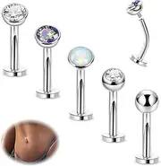 [Masedy] 5PCS 316L Stainless Steel Floating Belly Button Rings for Women 14G Petite Flat Back CZ Belly Rings Hypoallergenic Small Opal Internally Threaded Navel Piercing Jewelry 6-16MM