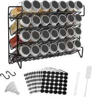 4-Tier Spice Rack Organizer with 28 Glass Jars, 432 Labels, Rust-Resistant Iron - Black