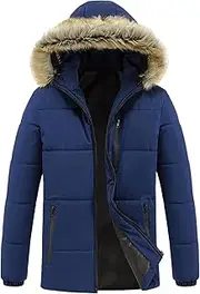 [JEShifangjiusu] Men's Winter Thicken Down Coat Outwear Windproof Hooded Overcoat Lightweight Winter Warm Padded Jacket, Blue, XX-Large