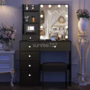 Black Vanity Set Dressing Table with 10 LED Sliding Mirror & Stool Dresser Desk