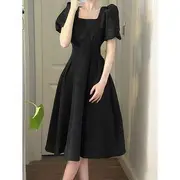 Short-Sleeve Square Neck Plain Midi A-Line Dress Black - M
