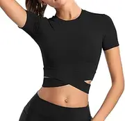 [Bontierie] Women Crew Neck Crop Tops Tummy Cross Long or Short Sleeve Sport Shirt for Yoga Fitness Running Tank Tops