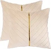 Tosleo Cream Velvet Throw Pillow Covers 16x16 Pack of 2 with Gold Leather,Decorative Couch Pillow Cover Luxury Modern Pillowcases for Living Room Bedroom Sofa Cushion Bed