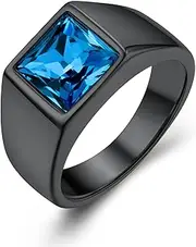 [KeyStyle] GoldChic Jewelry Womens Silver Signet Rings Crystal Ring for Her, Personalized Stainless Steel Pinky Ring with Blue Topaz Black Onxy Birthstone Statement Ring