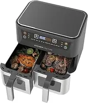 [Kitchen Couture] Dual Draw 10 litre (2 x 5 Litre) Stainless Steel Air Fryer - Dual Cooking Zones, LED Display, Rapid Air Circulation, 1600W Black Silver