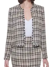 $129 Calvin Klein Women Beige Fringe-Trim Tweed Coat Jacket 16 Nwt