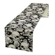 Gothic Table Runner White Skull Flowers Moth Pattern Table Runner Table Cloth...