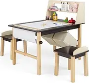 HONEY JOY Kids Art Table & 2 Chairs Set, Wooden Toddler Drawing Desk and 2 Stools w/2-Tier Open Shelf, 2 Storage Bins, Paper Roll, Craft and Play Activity Table Children Learning Desk for 3+ Years