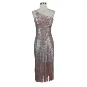 AQUA Women's Cocktail Dress Size 10 Pink Sequined One Shoulder Fringe Hem Midi