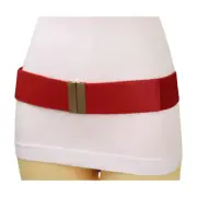 Women Red Elastic Waistband Cinch Fabric Fashion Belt Gold Metal Buckle Fit S M