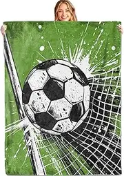 MIEPOS Soccer Ball Goal Throw Blanket, 50x60in, Soft, Lightweight Flannel, Cool Sport Dynamic Green Splash Design with Net Impact Blankets, Gifts for Players Coaches Men, for Home Living Room Decor