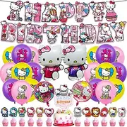 36 PCS Hello Kitty Birthday Decorations Cartoon Party Supplies Pack, Include Happy Birthday Banner, Cake Topper, Foil &Latex Balloons, Cupcake Toppers, Kitty Party Decorations for Girls