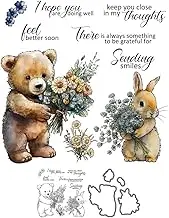Cute Doll Bear and Rabbit Hoding Flowers Clear Stamps and Dies Set for Card Making DIY Scrapbooking Supplies Silicone Stamps and Metal Cut Dies for Paper Albums Crafts