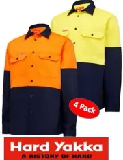 YAKKA-4 PACK-MENS HIVIS 190gsm COTTON DRILL 2-TONE LONG SLEEVE WORK SHIRT-Y04605