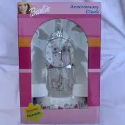 Barbie Porcelain Anniversary Clock Silver Pink Hearts 9” 2002 NIB Glass Dome