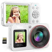 Digital Camera,FHD 4K 64 MP Camera with Dual Screen 64GB SD Card Point and Shoot Camera 18X Zoom,Anti Shake Portable Rechargeable Camera,White
