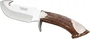 Skinning Knife Joker DESMOGUE D CN28, Deer Handle with Rosette, 11 cm MOVA Blade, Stainless Steel Cross, Leather Sheath, with Spine Ripper, Tool for Fishing, Hiking, Camping and Hiking