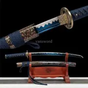 Japanese Wakizashi 1095 Carbon Steel Samurai Sword Sharp Full Tang Blue Blade.