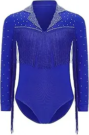 [TiaoBug] Kids Boys Modern Tango Salsa Latin Dance Shirt Long Sleeve Fringe Lapel Bodysuit Tassel Leotard for Competition