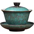 Retro Turquoise Glaze Teacup Ceramic Tea Bowl Kung Fu Tea Set Three Covered Bowl
