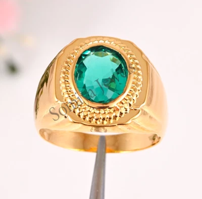 Men's Emerald Ring 14K Solid Yellow Gold Handmade Engagement Ring