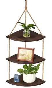 Hanging Corner Shelf 3 Tier Rustic Wood Floating Organizer Displays Storage Rack