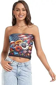 [RPLIFE] Flower American Flag Women's Tube Top Mesh Tube Tops, Strapless Crop Top for Women, Summer Tube Tops (S)