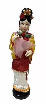 Vintage 9” Asian GEISHA Style Red Pink Silk Oriental Doll Taiwan Wooden Base NIB