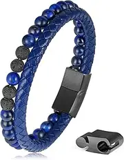 [LUXEJEW] Leather Beaded Bracelets for Men, 6mm Tiger Eye Lava Rock Stone Mens Bracelet with Adjustable Stainless Steel Magnetic Clasp Anxiety Bracelet Stress Relief Jewelry Gifts for Men