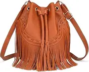 [fannos] Bucket Bag Hand Bags Leather Handbags for Women Large Crossbody Bags for Women Fringe Shoulder Purses for Women Handbags, Brown