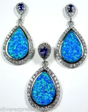 Blue Fire Opal Inlay and Tanzanite 925 Sterling Silver Pendant & Earrings set