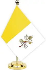 Vatican Desk Flag,12 inch Tall Small Vatican Indoor Banner,Tiny Printing Decor For Office Home Table Meeting With Golden Metal Pole Base