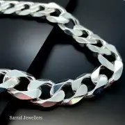 Classic Curb Chain 925 SOLID Sterling Silver Diamond Cut Necklace 22-24-26" 15MM