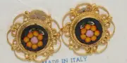 Vintage Italian Micro Mosaic Italy Flower Gold Scalloped Edge Clip On Earrings