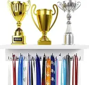 Medal Hanger Display and Trophy Shelf with Hooks - Wooden Medal Holder for Wall Mount Ribbon