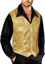 Mens 70s Disco Sequin Vest V Neck Button Down Tops Party Nightclub Prom Costume
