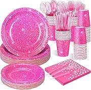 Hushee 175 Pcs Hot Pink Holographic Print Party Disposable Dinnerware Set Include 50 Paper Plates, 25 Napkins, 25 Cups, 25 Plastic Forks, 25 Knives, and 25 Spoons for Guest Holiday Wedding