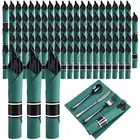 100Pack Black Plastic Silverware with Green Napkins, Rolled Green Dinner Napk...