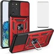 [Asuwish] Phone Case for Samsung Galaxy S20 Plus Glaxay S20+ 5G with Slide Camera Cover and Tempered Glass Screen Protector Hard Stand Ring Holder Cell Gaxaly S20+5G S20plus 20S + S 20 20+ G5 Red
