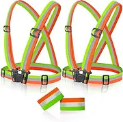 Hacintre Pack of 2 Reflective Vest, Reflective Vest with 2 Cuffs, Safety Vest for Adults and Teenagers, High Visibility Vest for Jogging, Cycling, Hiking, Day Night Motorcycle (Colour Block Vest x 2)