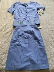 Sag Harbor Dress Women 2PCs Blouse & Skirt Set Sky Blue Size 8 Linen