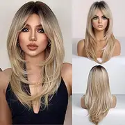 EMMOR HAIRUCBE Ombre Blonde Wigs for Women Long Curly Heat Resistant Synthetic Wigs with Bangs