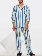 NEW PETER ALEXANDER MENS STRIPED BLUE GREEN CLASSIC TOP + PANTS PJ SET M RRP$129